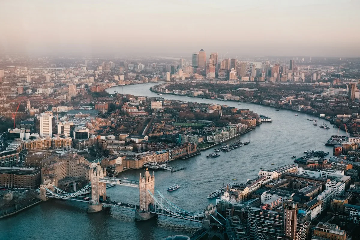 London’s urban infrastructure and the River Thames at dusk